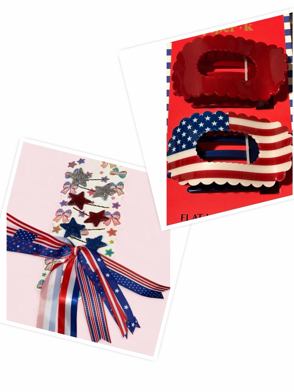 Patriotic Star Hair Pins with Ribbon Streamers and Set of Flat Lay Claw Clips